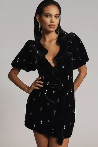 Maeve Short-Sleeve Embellished Velvet Mini Dress