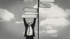 Photo composite illustration of Keir Starmer hanging from a crossroads signpost