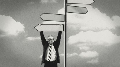 Photo composite illustration of Keir Starmer hanging from a crossroads signpost