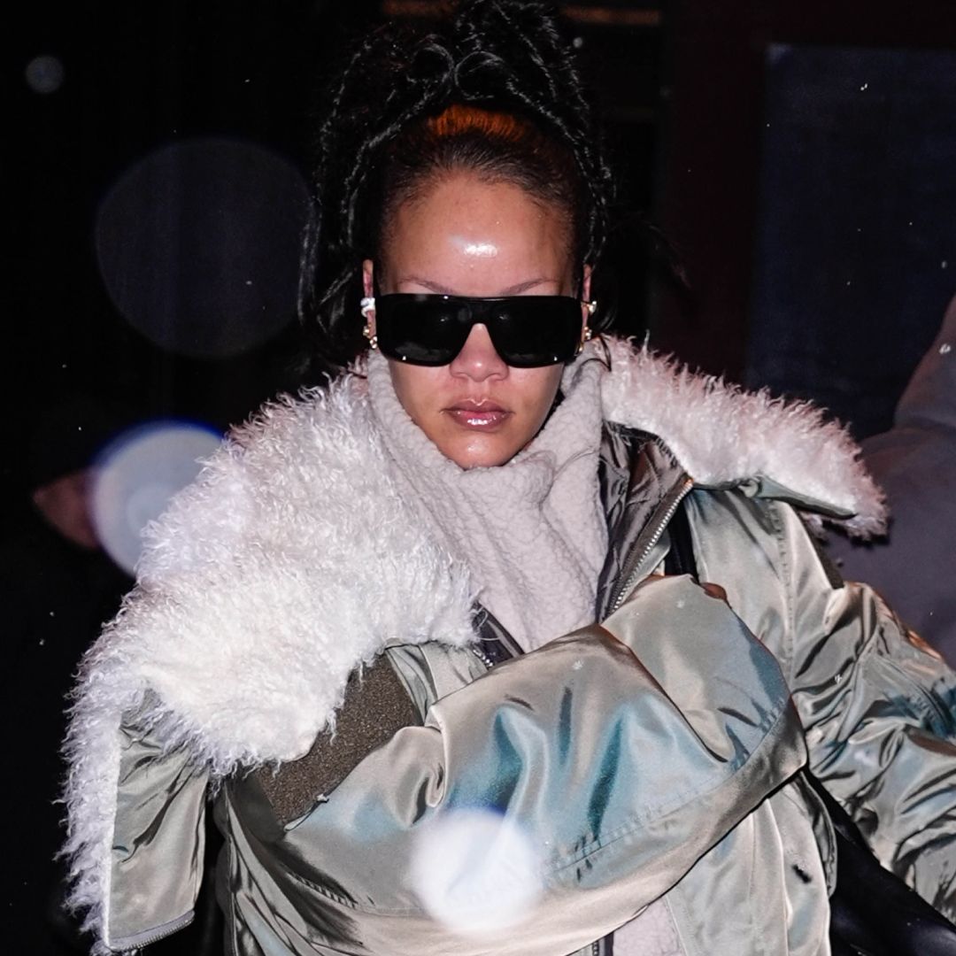 Rihanna was spotted in New York City wearing mysterious white-and-black, suede Puma sneakers with a puffer jacket and sweatsuit