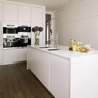 white kitchen island with banked ovens