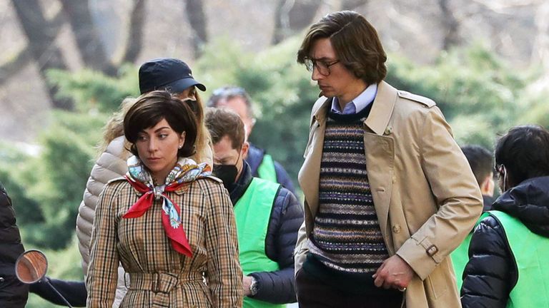 milan, italy march 10 lady gaga and adam driver are seen filming house of gucci on march 10, 2021 in milan, italy photo by vittorio zunino celottogetty images