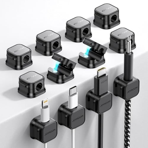 Joyroom 12 Pack Cable Tidy Clips Adjustable Cord Organiser Magnetic Cable Management Self Adhesive Wire Holder for Desk, Nightstand, Charging Cables, Hdmi, Usb, Audio Cable, Office, Home,black