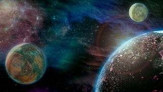 Three different colorful spheres over a dark background