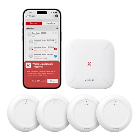 X-Sense Wi-Fi Water Leak Detector Kit, Smart Water Sensor With App Alerts, Ultra-Slim Water Alarm for Basement, Kitchen &amp;amp; Bathroom, 4 Water Sensors + 1 Base Station, White