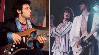 American rock musician Nils Lofgren and the Rolling Stones performing in 1975