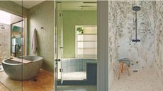 three images compiled of nature-inspired bathrooms