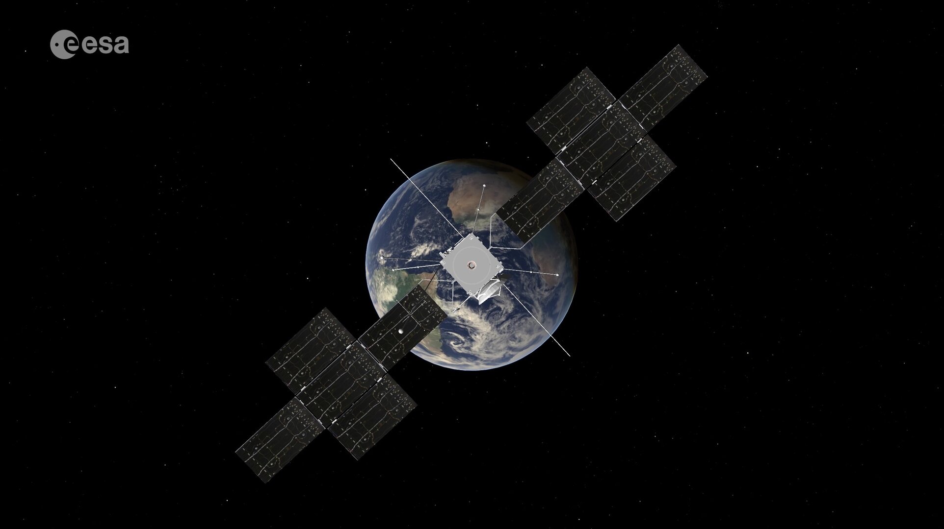 A depiction of the JUICE spacecraft heading back to Earth.