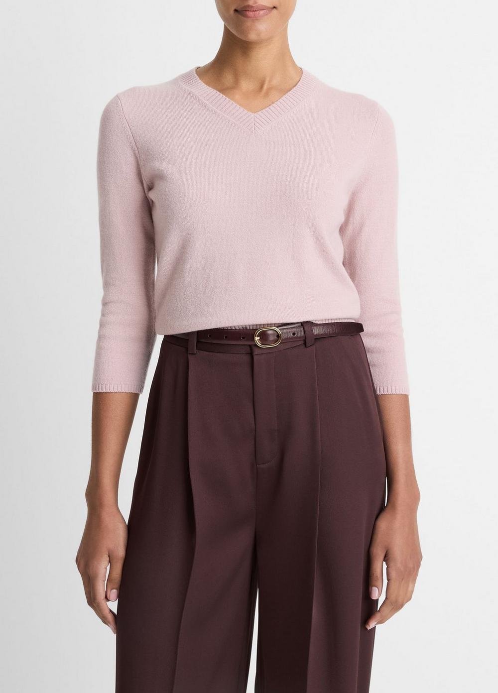 Wool &amp;amp; Cashmere-Blend Three-Quarter-Sleeve V-Neck Sweater