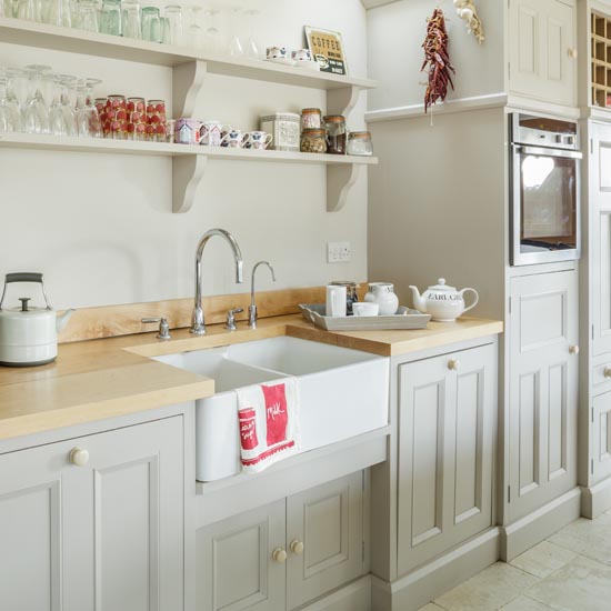 grey kitchen with shelves