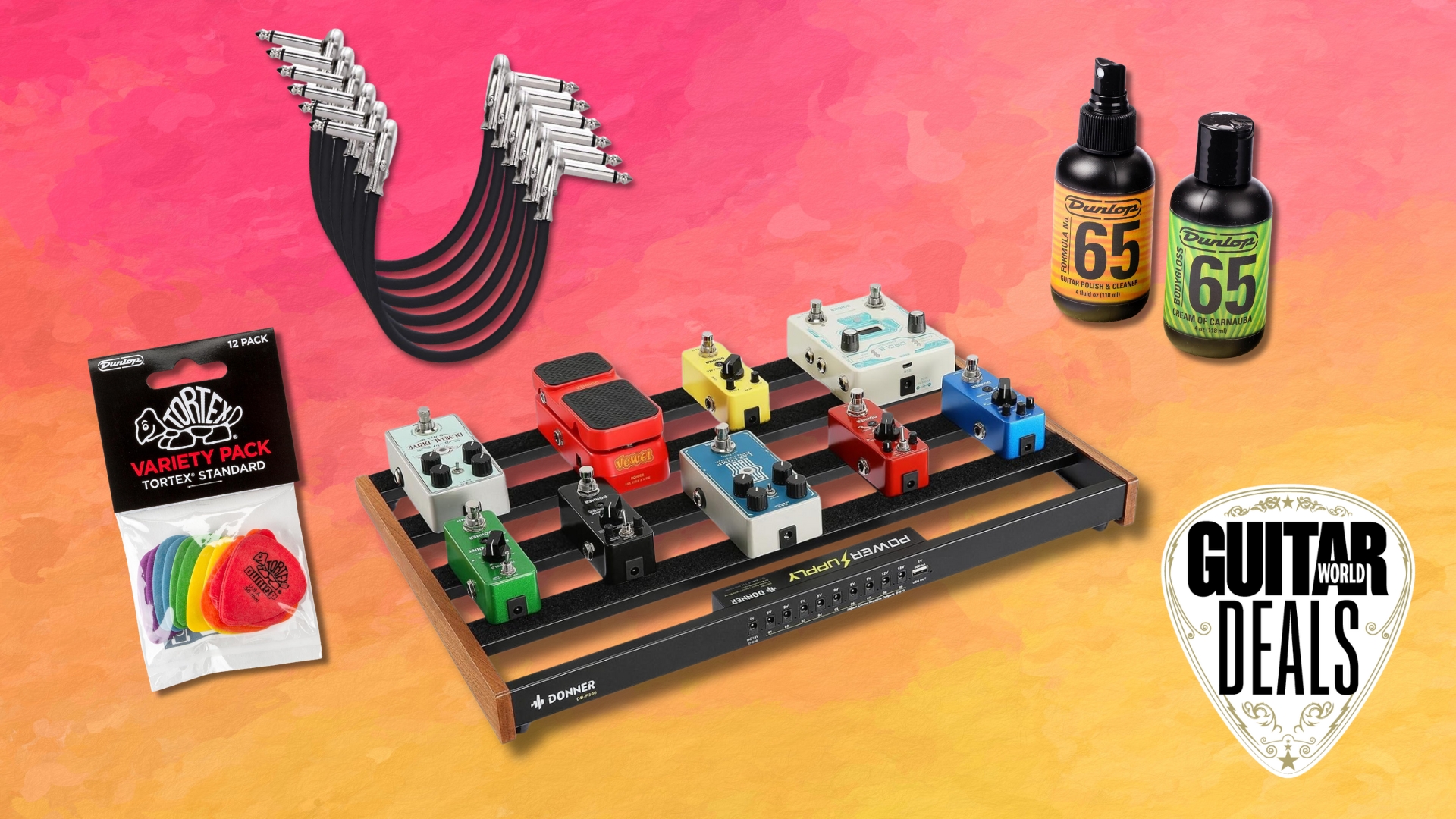 A selection of music gear on a colorful background including guitar polish, patch cables, guitar picks, and a pedalboard