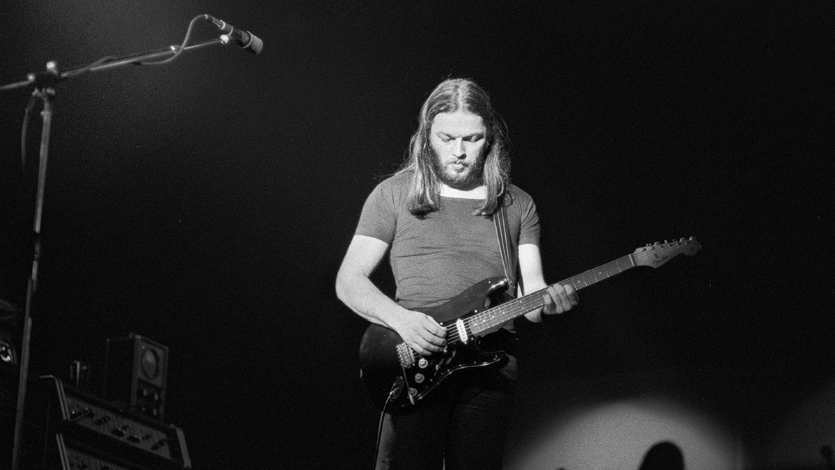  David Gilmour of Pink Floyd performs on stage at Ahoy in Rotterdam, Netherlands in February 1977 during the Animals tour