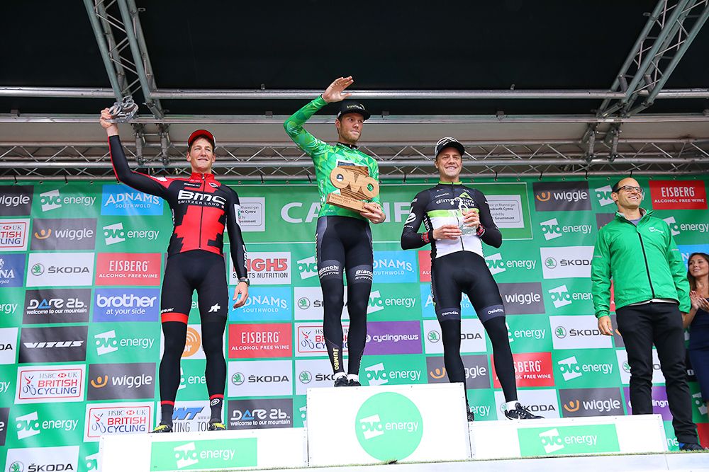 Edvald Boasson Hagen, Lars Boom and Stefan Kung celebrate on the Tour of Britain podium