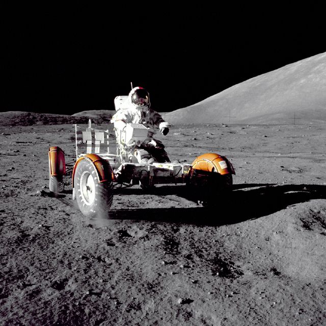 Gene Cernan with the Apollo 17 rover on the moon in December 1972.