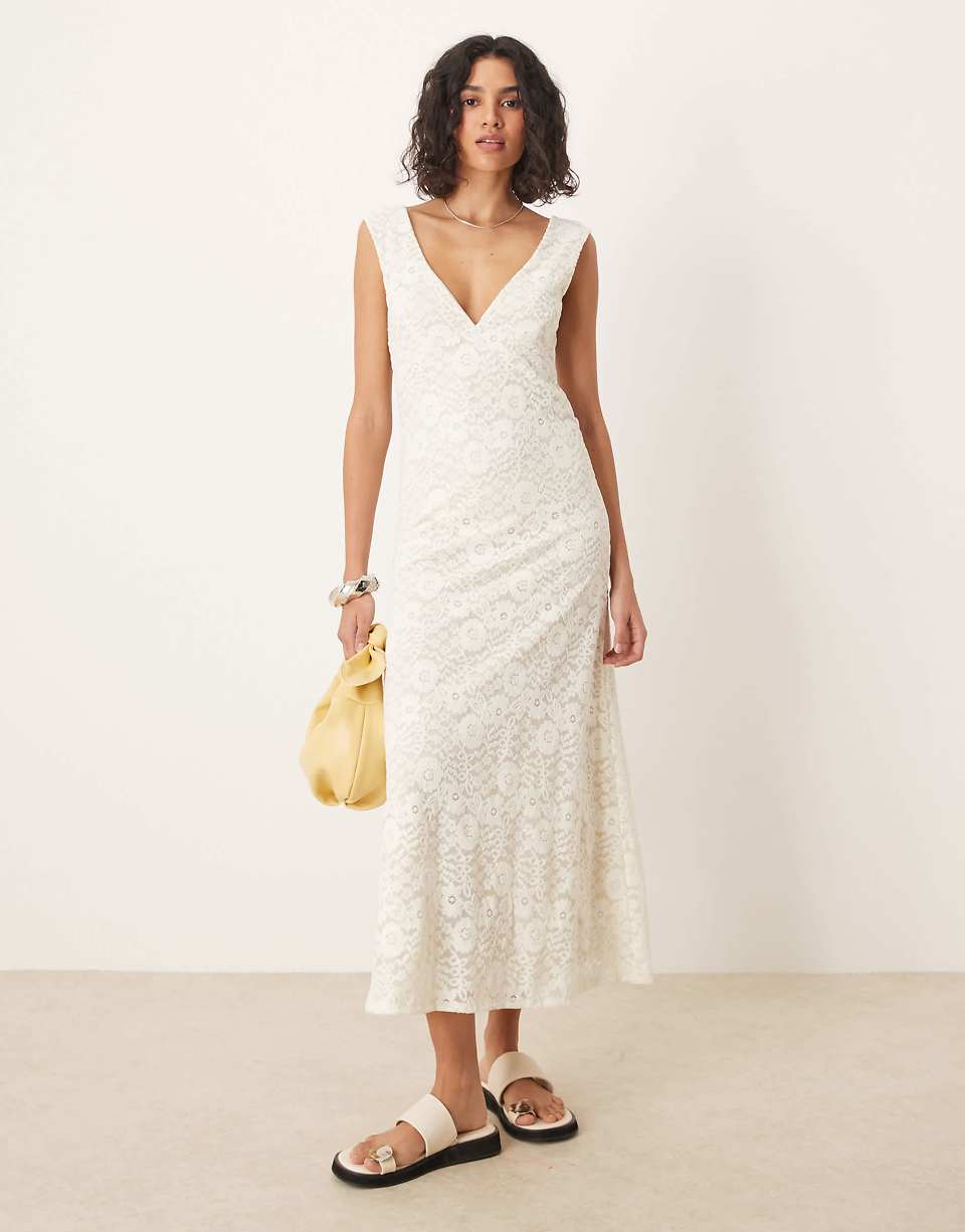Asos Design Lace V Front Midi Dress With Frill Hem in White