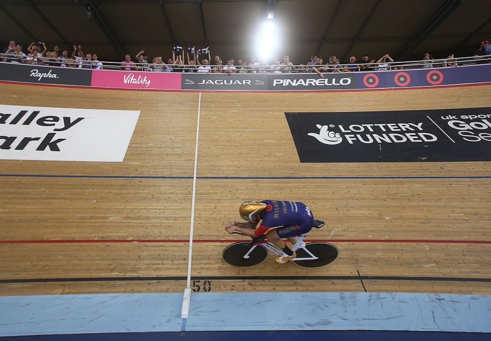 Bradley Wiggins on his way to breaking the UCI One Hour Record at Lee Valley Velopark Velodrome.