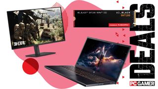 Alienware OLED monitor, SanDisk SSD, and an Acer laptop