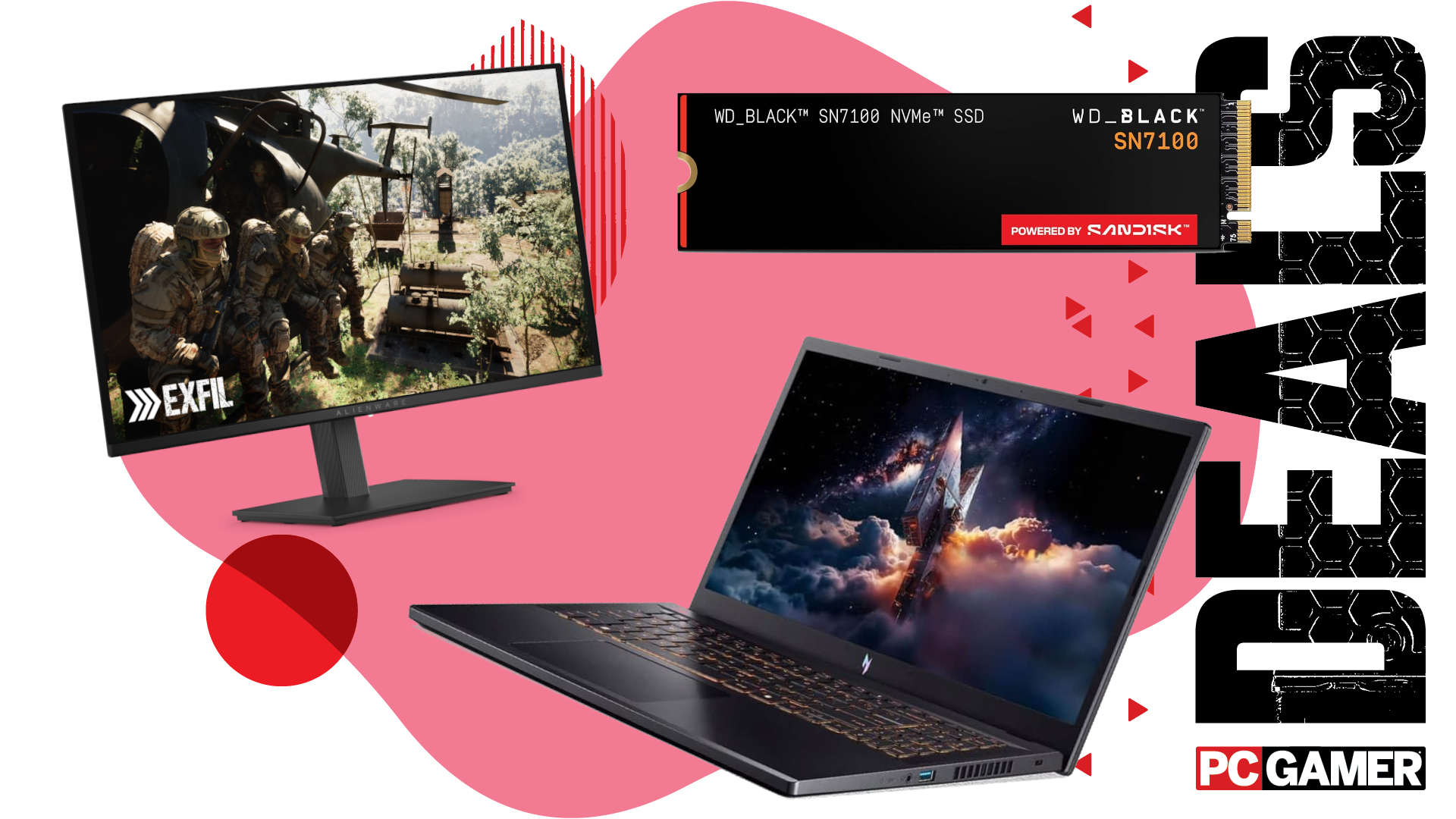 Alienware OLED monitor, SanDisk SSD, and an Acer laptop