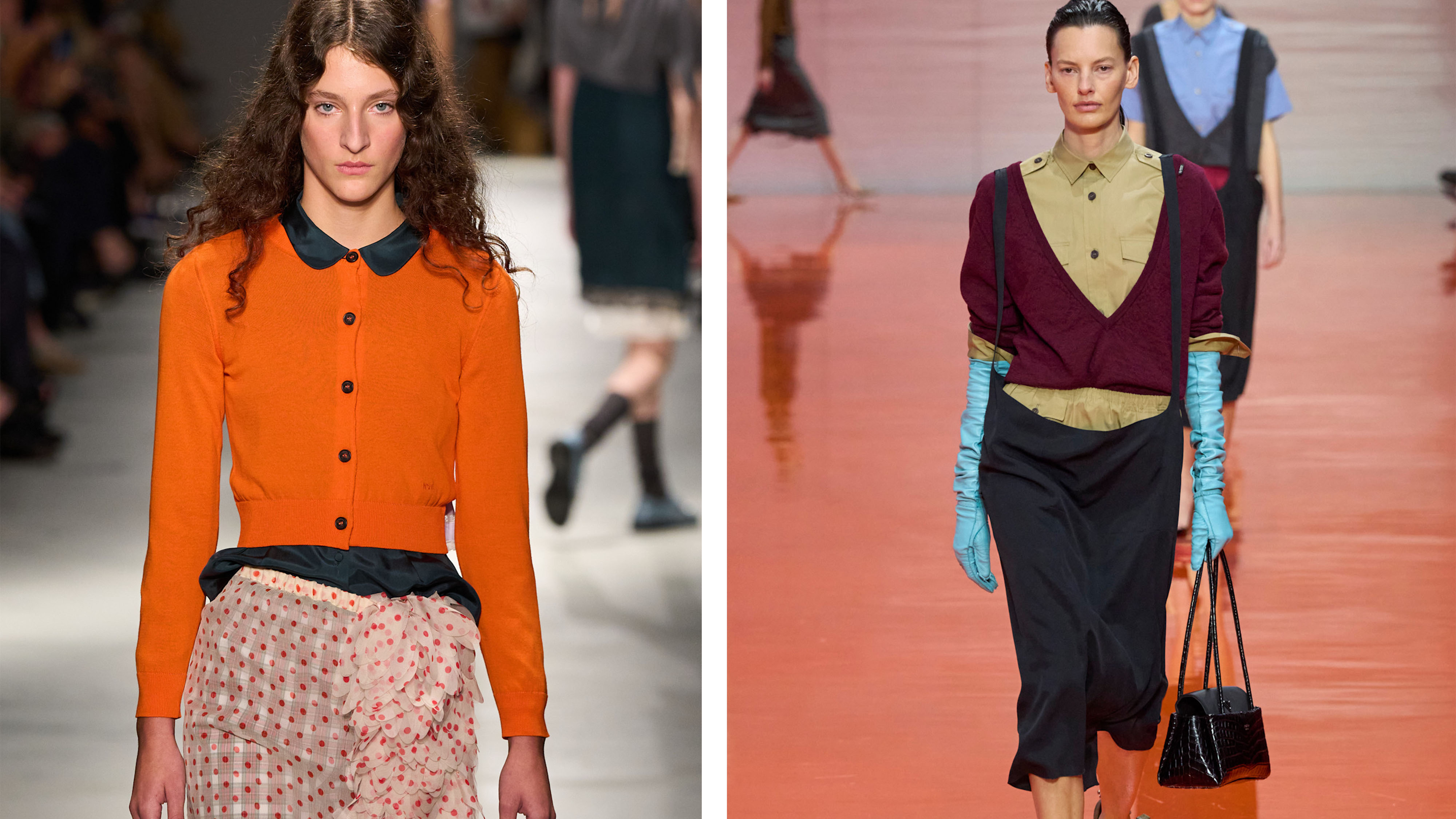 Women in cardigans and skirts on the spring 2026 runway