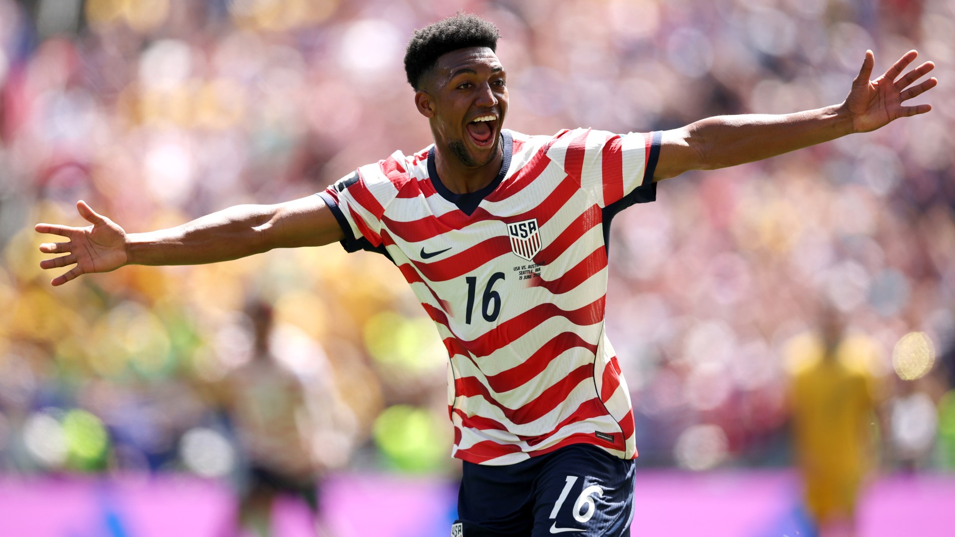 Alex Freeman #16 of the United States celebrates scoring his team's second goal during the FIFA World Cup 2026 Group D match