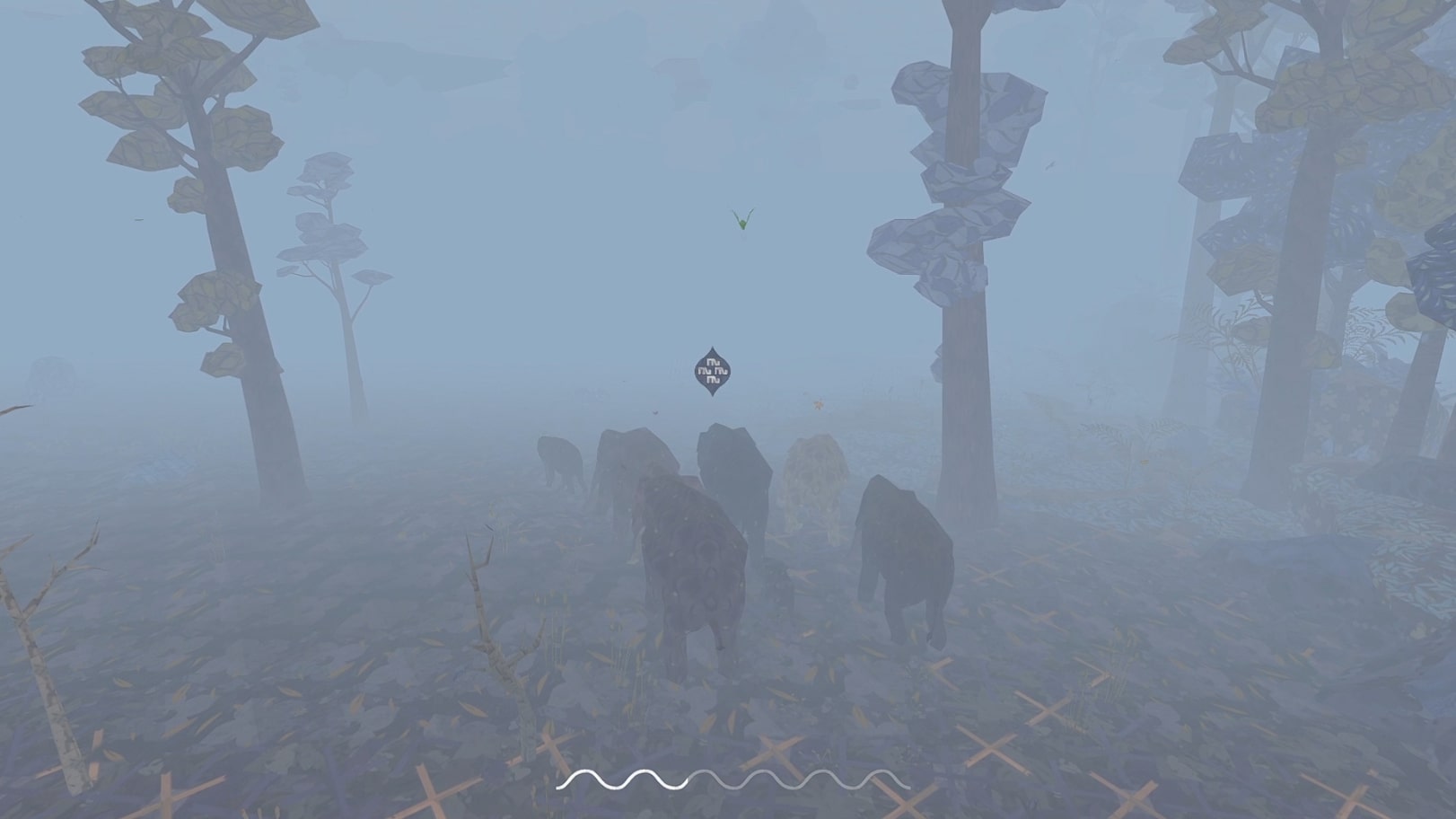 The elephant herd walking through a misty area