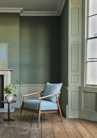 traditional living room with green painted skirting board and panelling