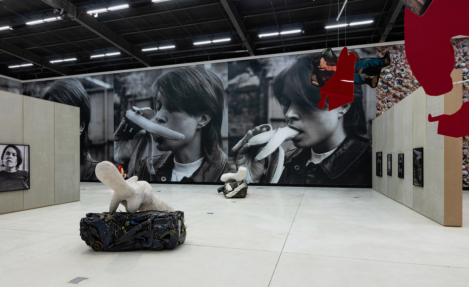Abstract sculptures, hanging images and large wall length printed image of person with banana