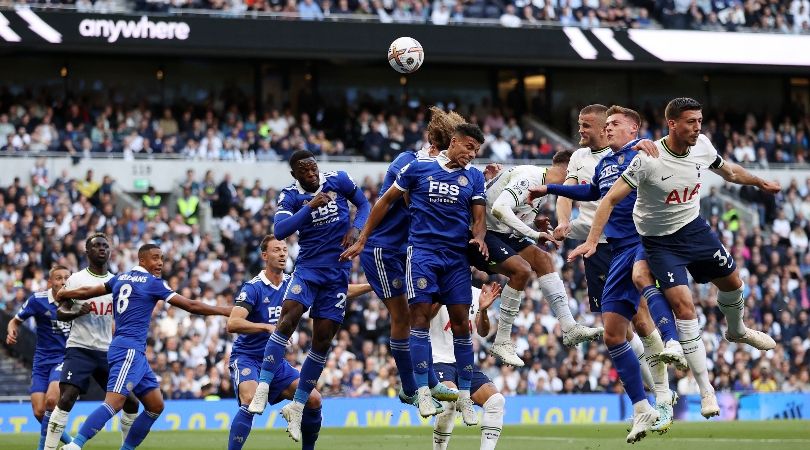 Eric Diers heads home from a corner for Tottenham against Leicester.