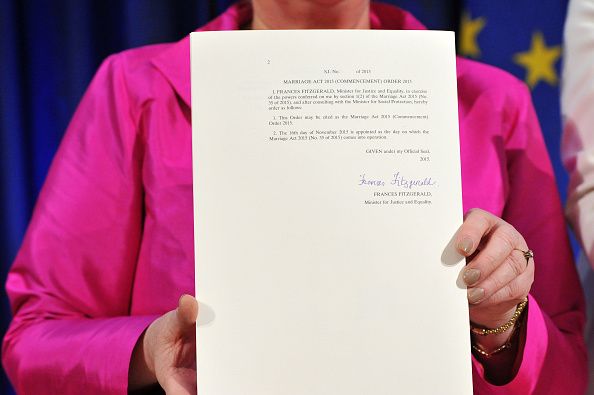 Irish Minister for Justice and Equality Frances Fitzgerald holds the Marriage Act 2015 commencement order.