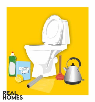 Toilet with plunger, kettle, and dish soap graphic