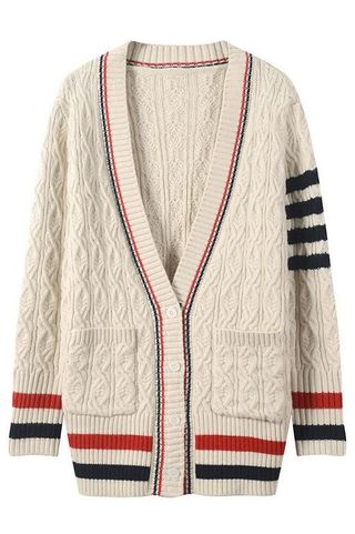 Women's College Preppy Style Knitted Cardigans, Deep V-neck Stripes Decor Knitwear, Lady Medium Style Sweater Coat