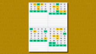 Quordle daily sequence answers for game 660 on a yellow background