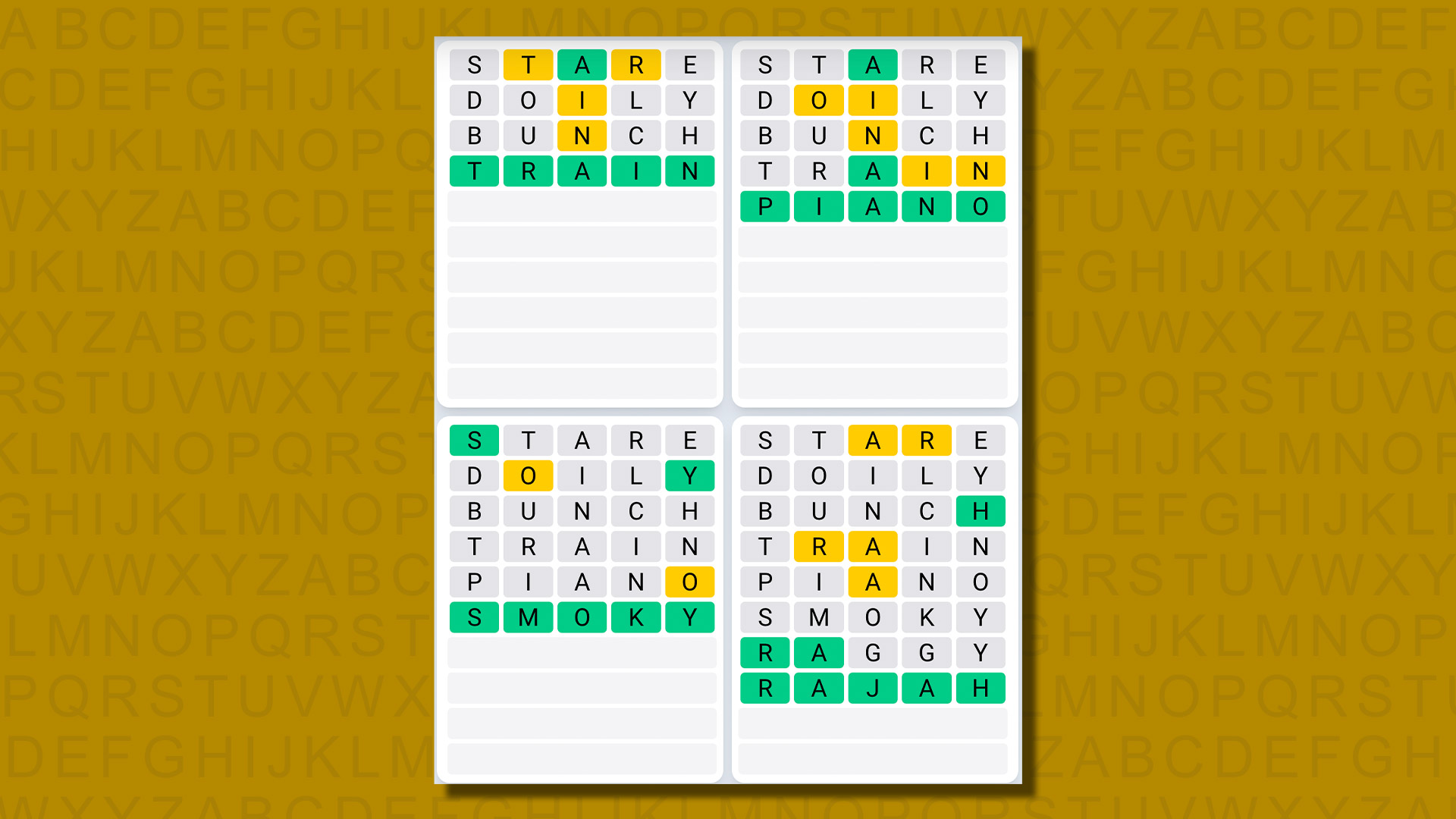 Ежедневная последовательность ответов Quordle для игры 660 на желтом фоне