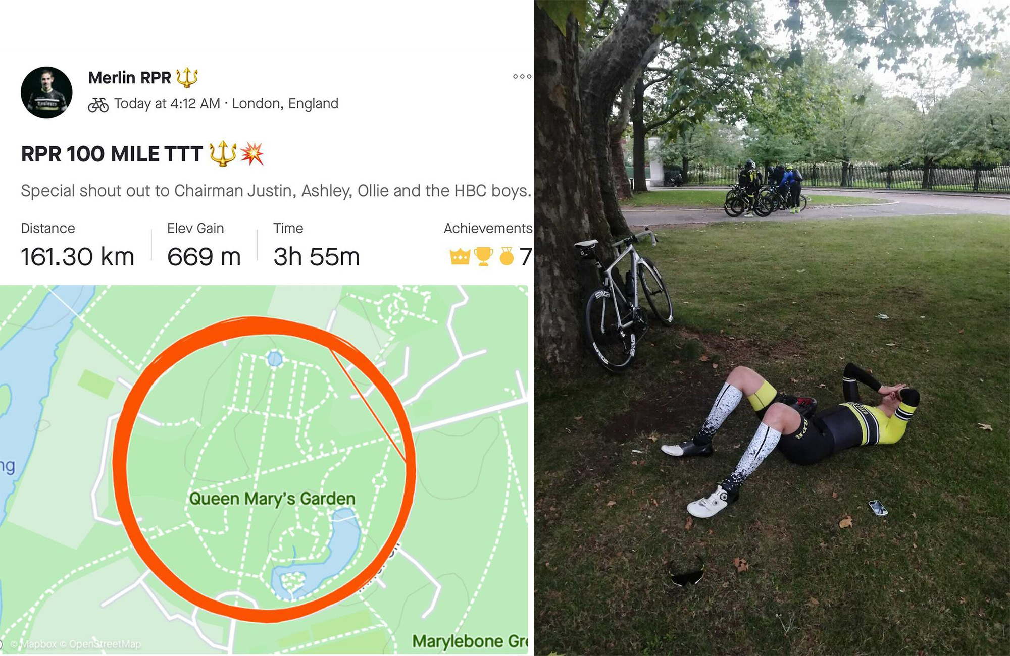 Ciclista recorre 100 millas alrededor del Inner Circle de Regent's Park a las 4 a. M.