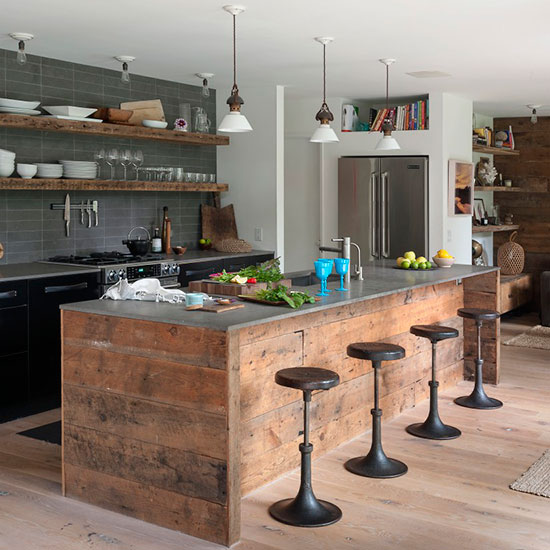 kitchen with bar stools and kitchen island