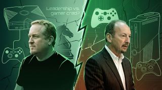 Montage and silhouettes of a debate between Peter Moore and Seamus Blackley on Xbox leadership