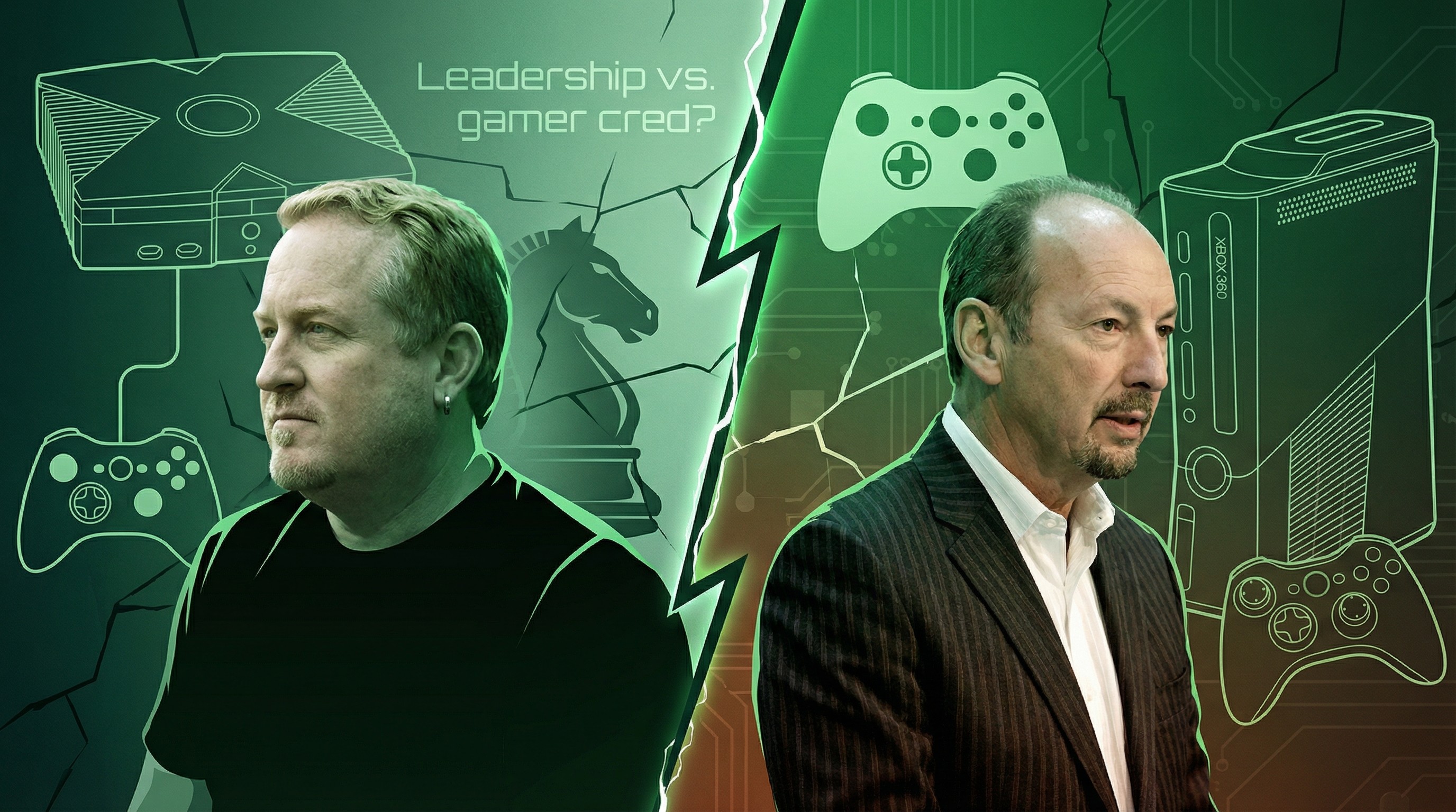 Montage and silhouettes of a debate between Peter Moore and Seamus Blackley on Xbox leadership