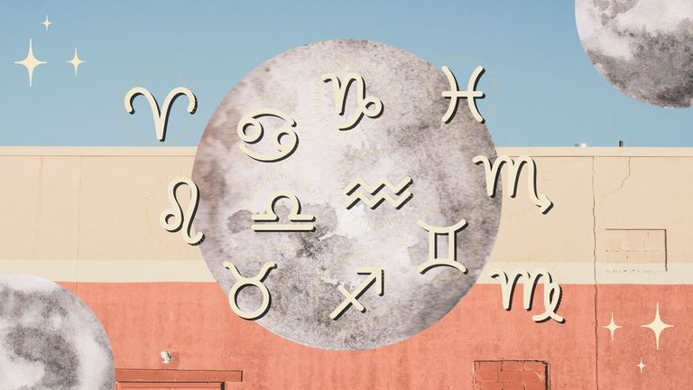 Representation of the zodiac signs against a backdrop of the full moon
