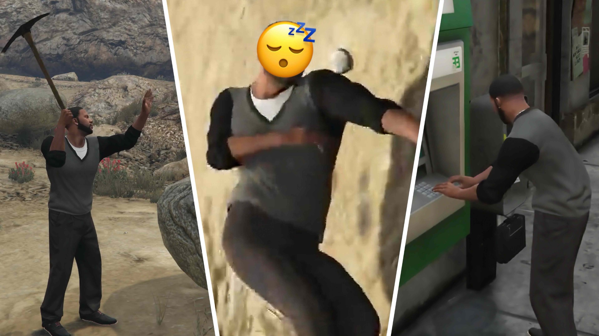 Split image showing Franklin mining, sleeping, and using an ATM. A sleeping emoji overlays his face in the sleeping section.