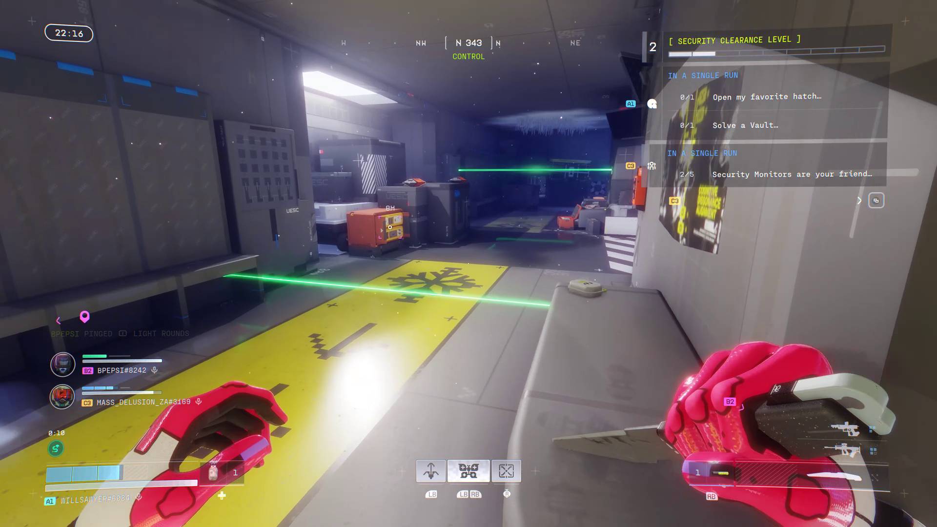 Marathon Cryo Archive player looking at green laser tripwires