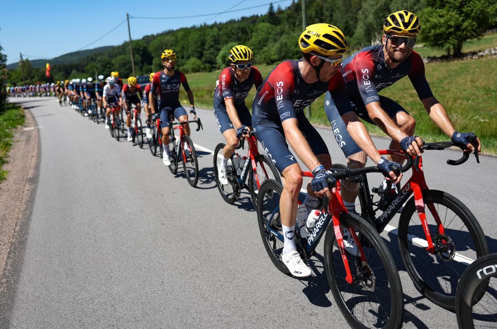 Ineos Grenadiers team riders lead the pack as they cycle during the 7th stage of the 109th edition of the Tour de France cycling race 1763 km between Tomblaine and La Super Planche des Belles Filles in eastern France on July 8 2022 Photo by Thomas SAMSON AFP Photo by THOMAS SAMSONAFP via Getty Images