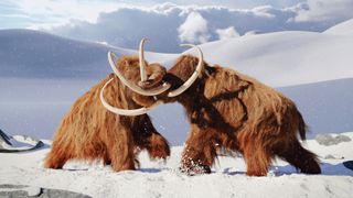 An illustration of two woolly mammoths fighting on a snowy tundra