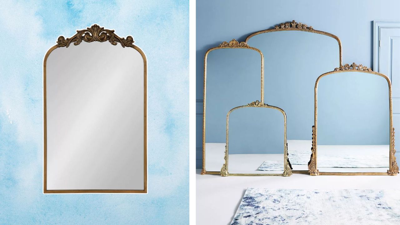 The Gleaming Primrose Mirror, dupe, on a blue background