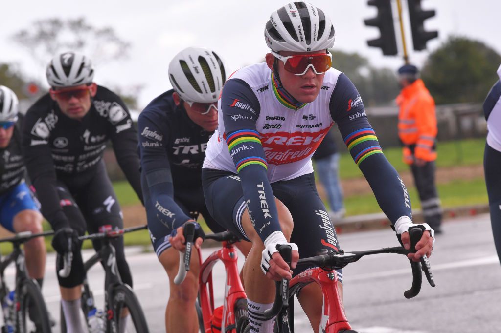 WEVELGEM BELGIUM OCTOBER 11 Mads Pedersen of Denmark and Team Trek Segafredo Toms Skujins of Latvia and Team Trek Segafredo during the 82nd GentWevelgem In Flanders Fields 2020 Men Elite a 2325km race from Ypres to Wevelgem GentWevelgem FlandersClassic on October 11 2020 in Wevelgem Belgium Photo by Luc ClaessenGetty Images