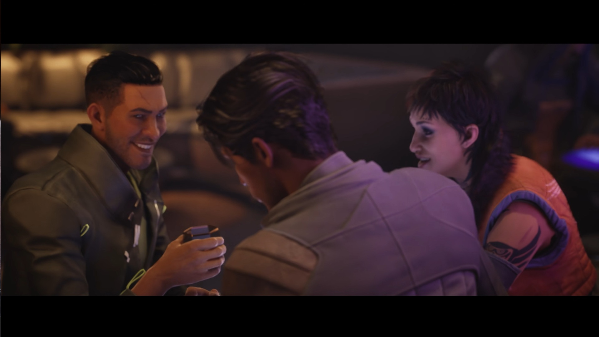 Companions Tom and Elise sharing a drink with protagonist Jun in sci-fi RPG, Exodus