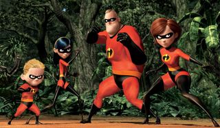 The Incredibles family poses for action on the beach
