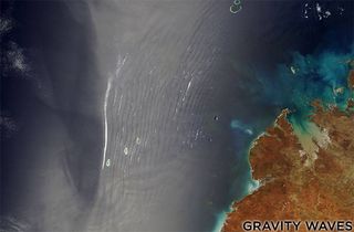 This NASA observation shows the formation of gravity waves in the atmosphere over the coast of Indonesia.
