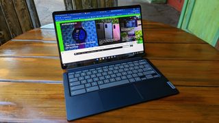 Lenovo Duet 5 Chromebook propped up on a table