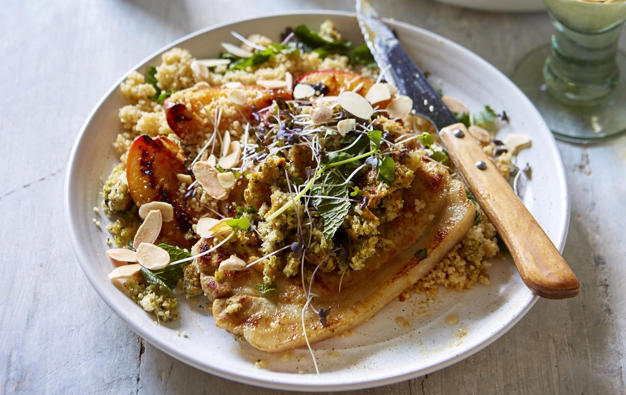 Grilled peaches couscous with glazed pork chops