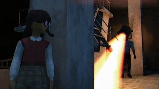 A girl hides behind a column while a spotlight hunts